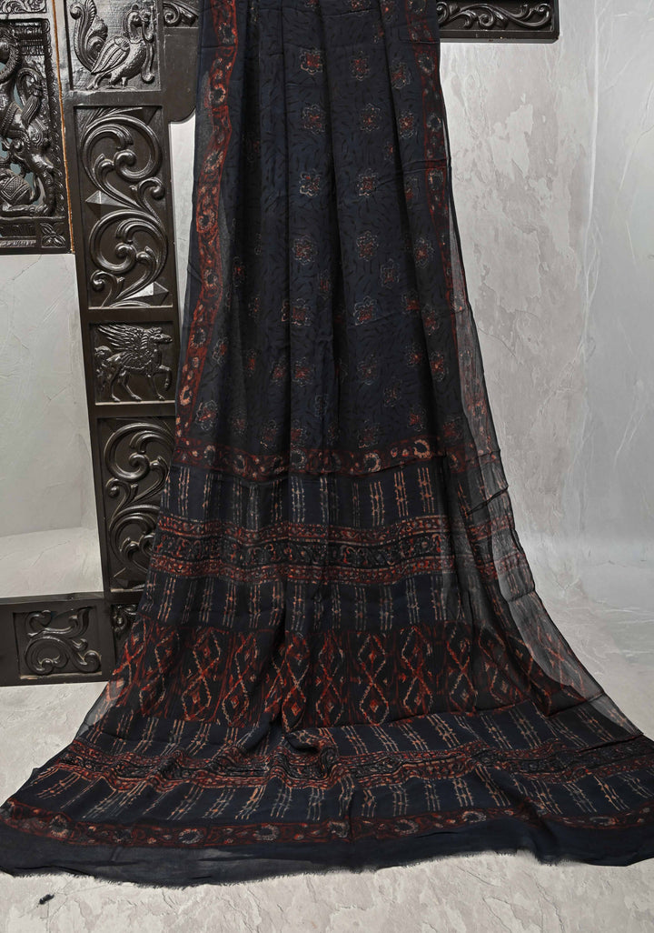 Charcoal Black Georgette Saree with Hand Block Print