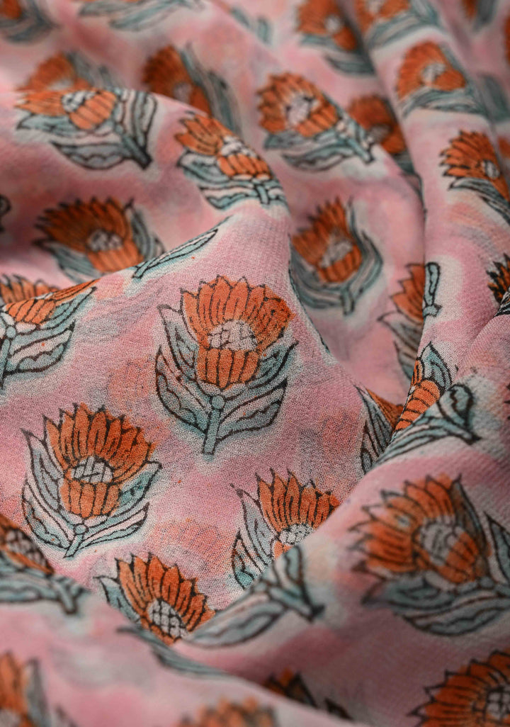 Baby Pink Georgette Saree with Sanganeri Hand Block Print