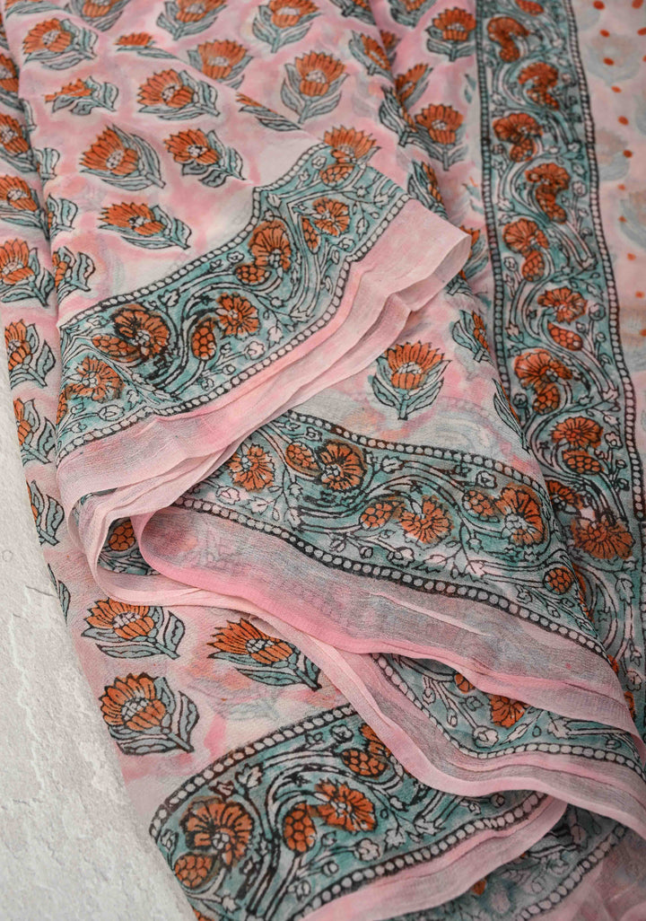 Baby Pink Georgette Saree with Sanganeri Hand Block Print