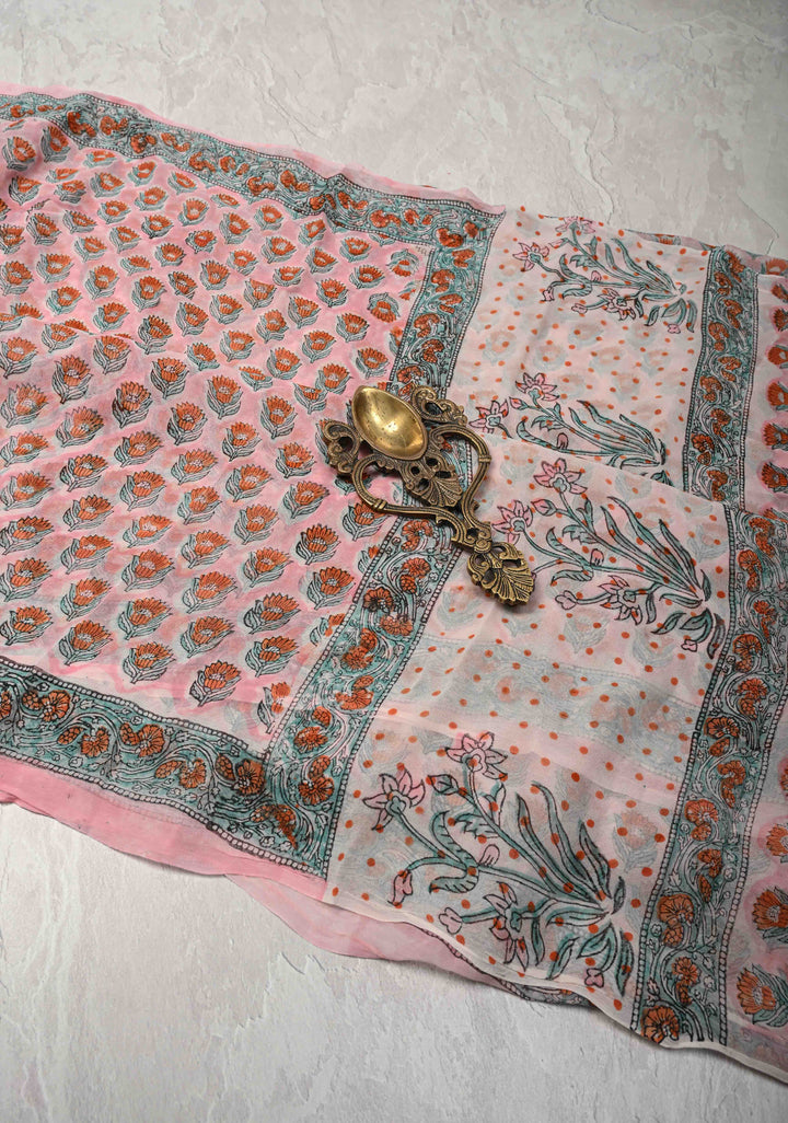 Baby Pink Georgette Saree with Sanganeri Hand Block Print