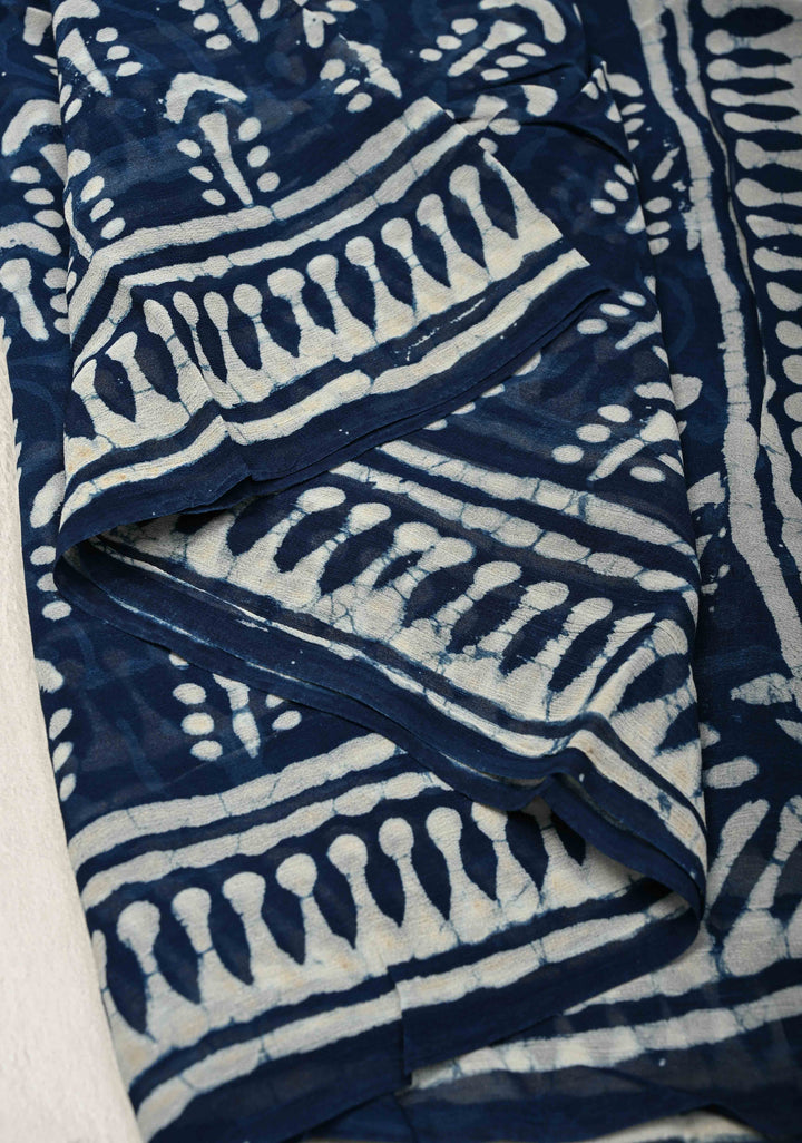 Indigo Georgette Saree with Hand Block Print