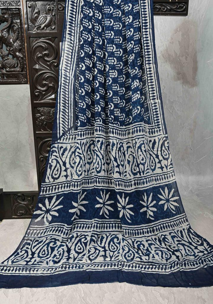 Indigo Georgette Saree with Hand Block Print