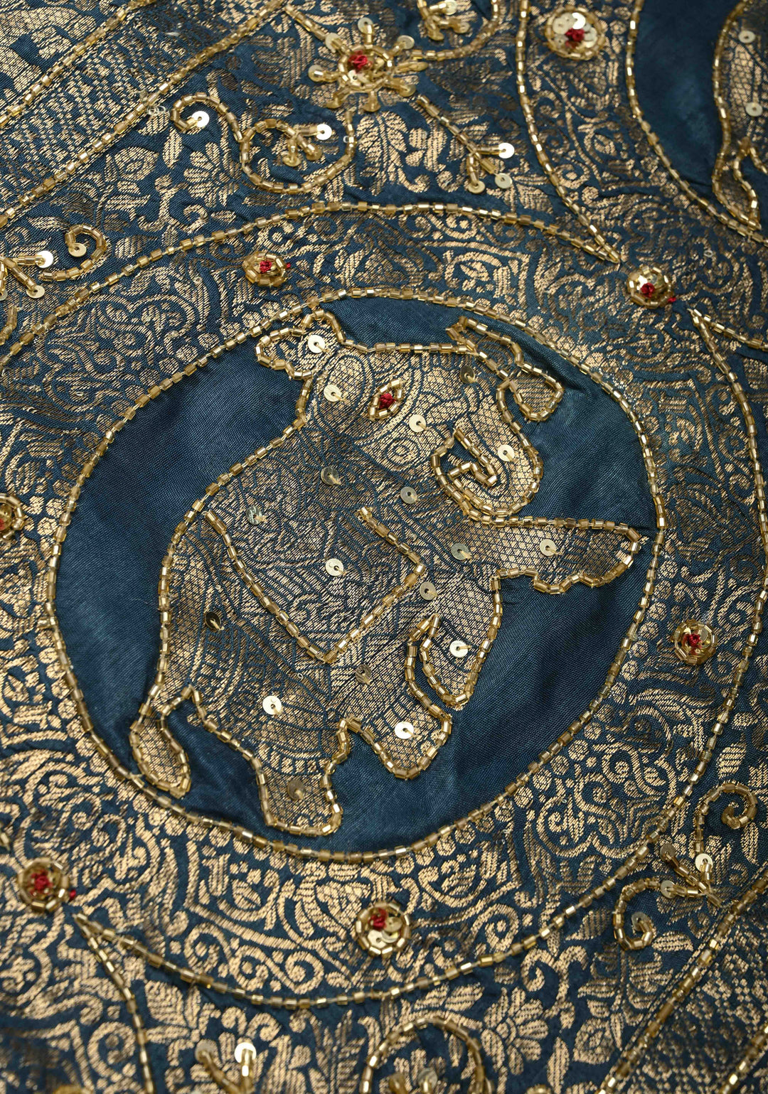 Indigo Ajrakh Hand Block Print on Dola Silk Saree with Cutdana-Sequins Work and Fancy Zari Border