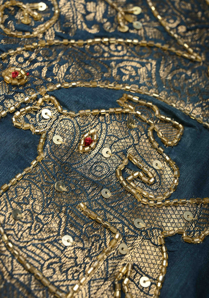 Indigo Ajrakh Hand Block Print on Dola Silk Saree with Cutdana-Sequins Work and Fancy Zari Border