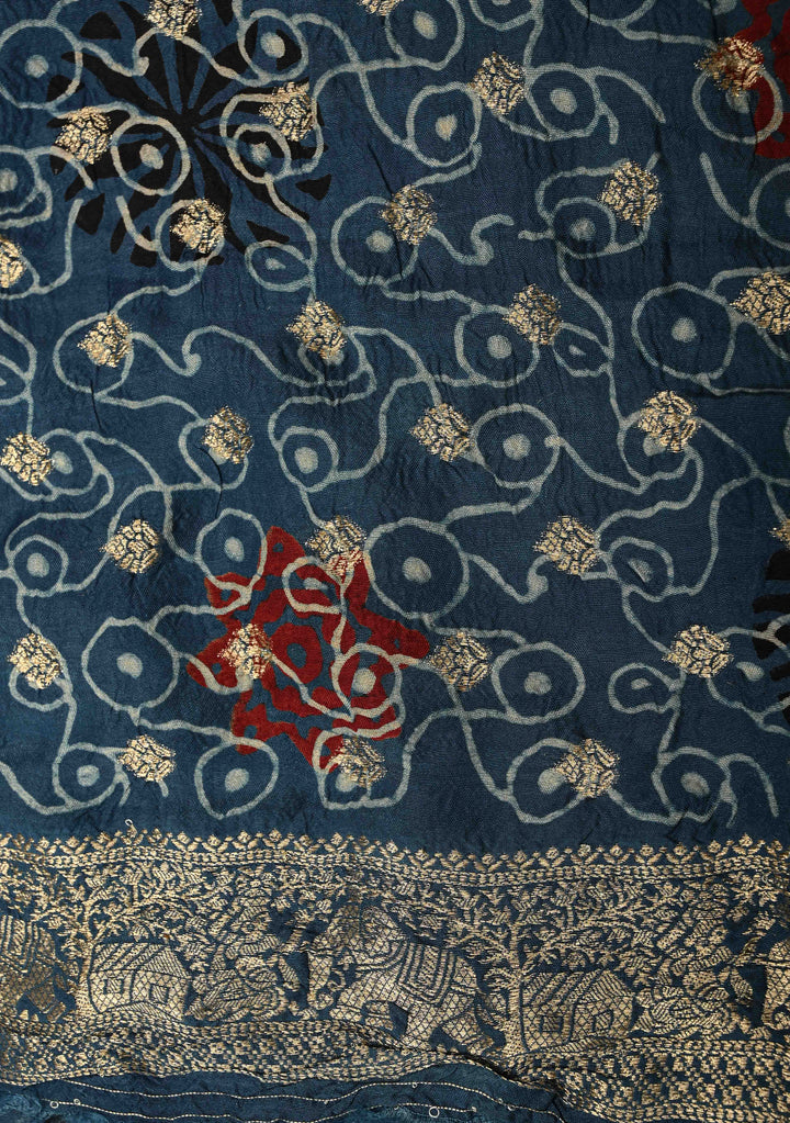 Indigo Ajrakh Hand Block Print on Dola Silk Saree with Cutdana-Sequins Work and Fancy Zari Border
