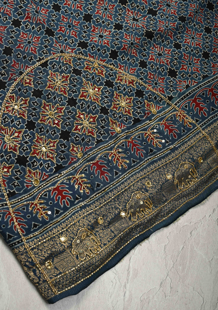 Indigo Ajrakh Hand Block Print on Dola Silk Saree with Cutdana-Sequins Work and Fancy Zari Border