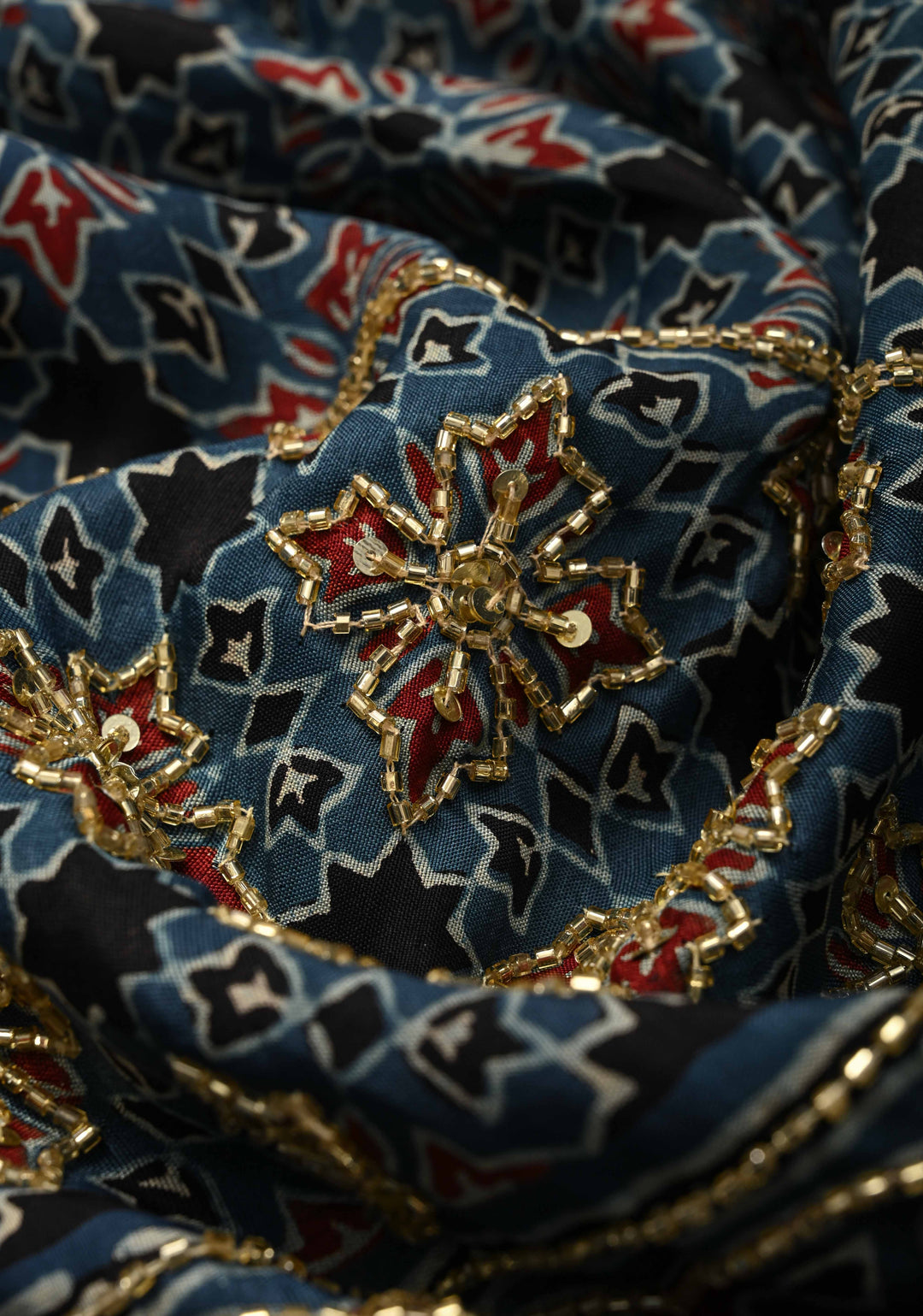 Indigo Ajrakh Hand Block Print on Dola Silk Saree with Cutdana-Sequins Work and Fancy Zari Border