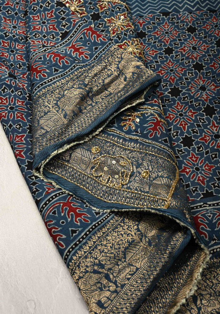 Indigo Ajrakh Hand Block Print on Dola Silk Saree with Cutdana-Sequins Work and Fancy Zari Border