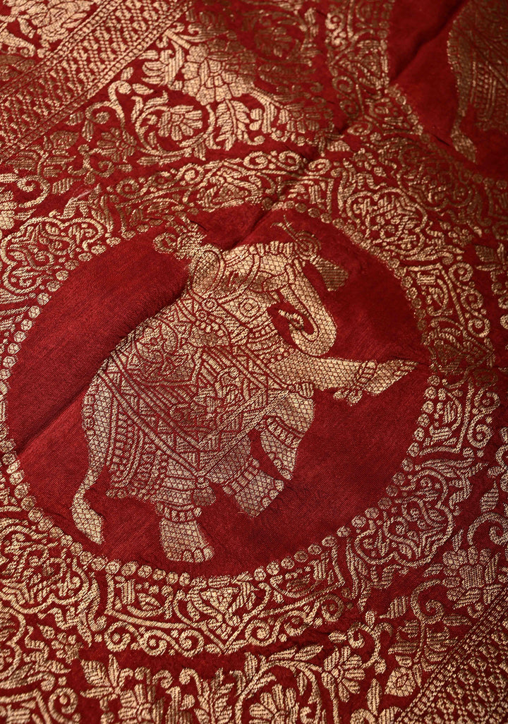 Deep Red Ajrakh Hand Block Print on Dola Silk Saree with Fancy Zari Border