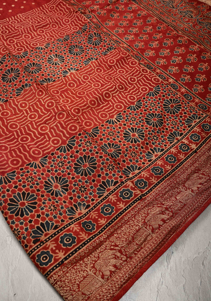 Deep Red Ajrakh Hand Block Print on Dola Silk Saree with Fancy Zari Border