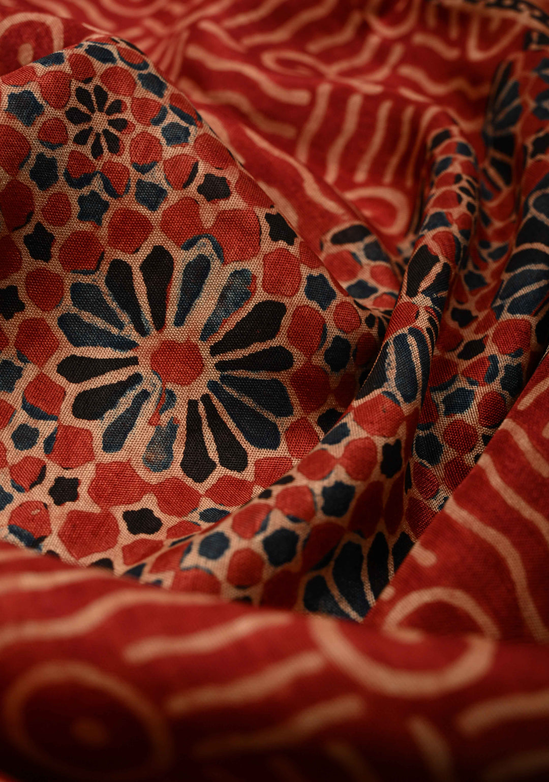 Deep Red Ajrakh Hand Block Print on Dola Silk Saree with Fancy Zari Border