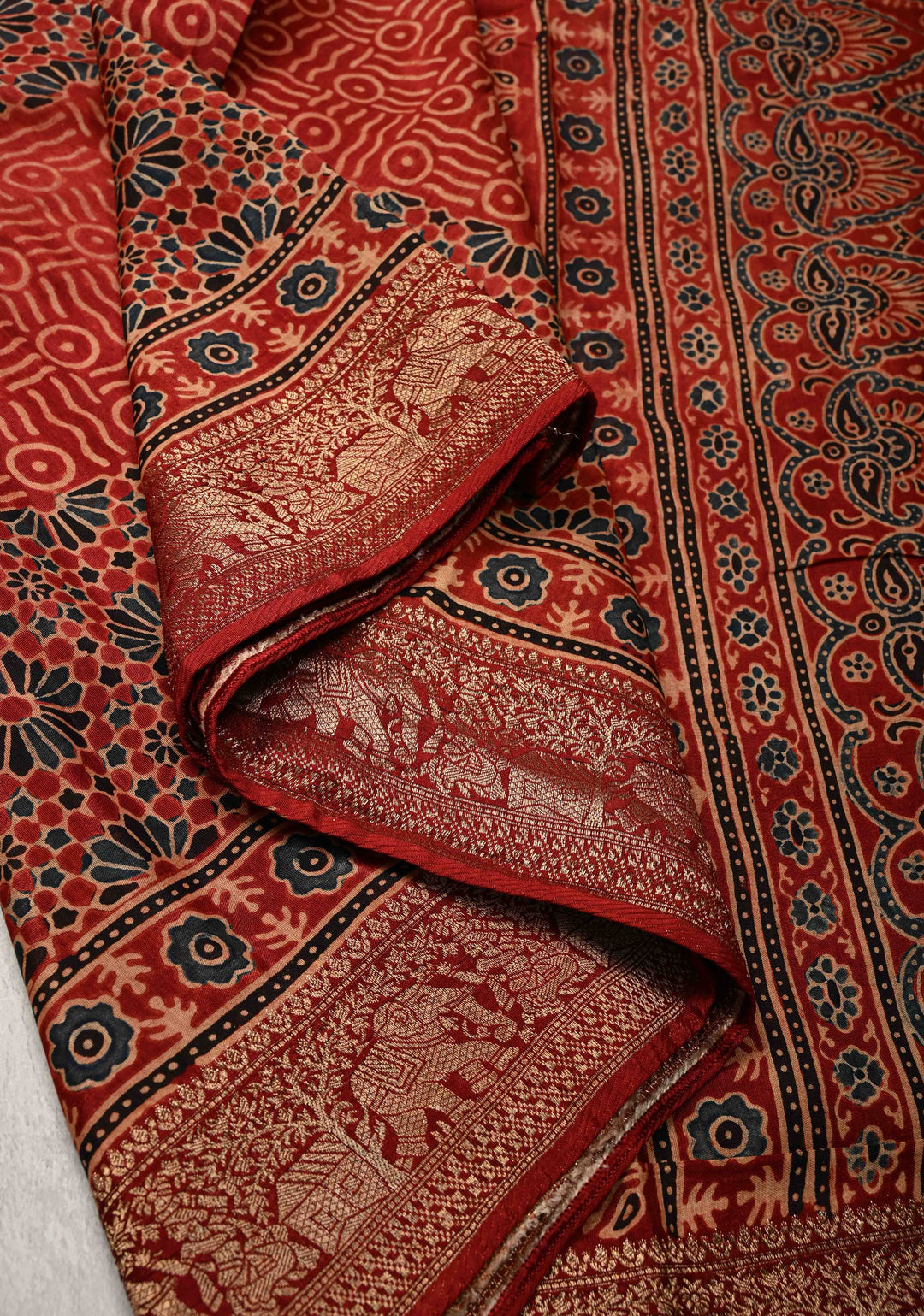 Deep Red Ajrakh Hand Block Print on Dola Silk Saree with Fancy Zari Border