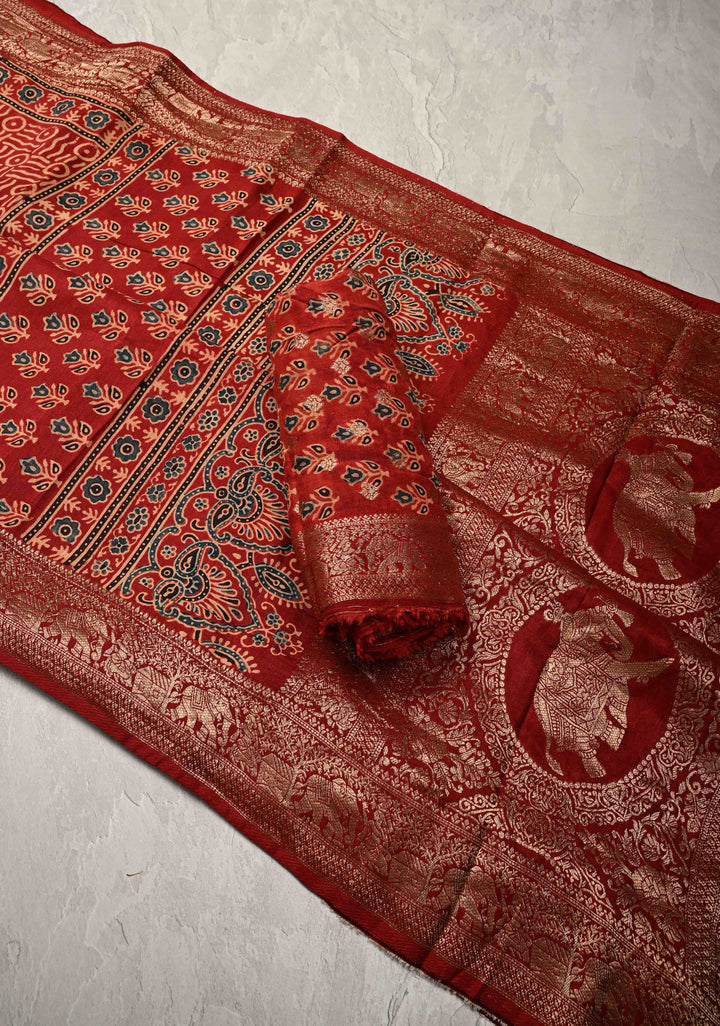 Deep Red Ajrakh Hand Block Print on Dola Silk Saree with Fancy Zari Border