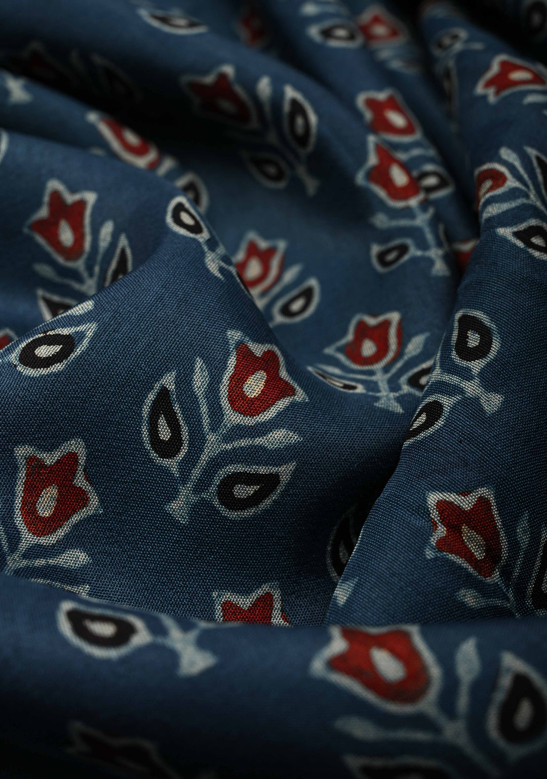 Indigo Ajrakh Hand Block Print on Dola Silk Saree with Fancy Zari Border and Elephant Motifs on Pallu