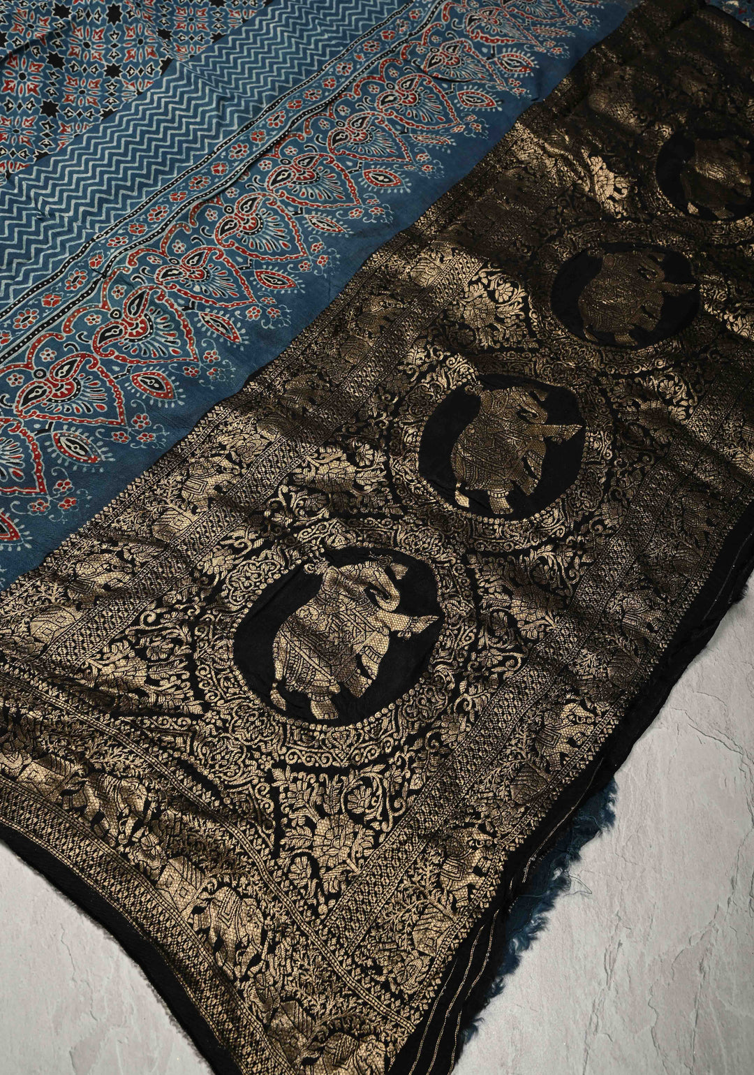 Indigo Ajrakh Hand Block Print on Dola Silk Saree with Fancy Zari Border