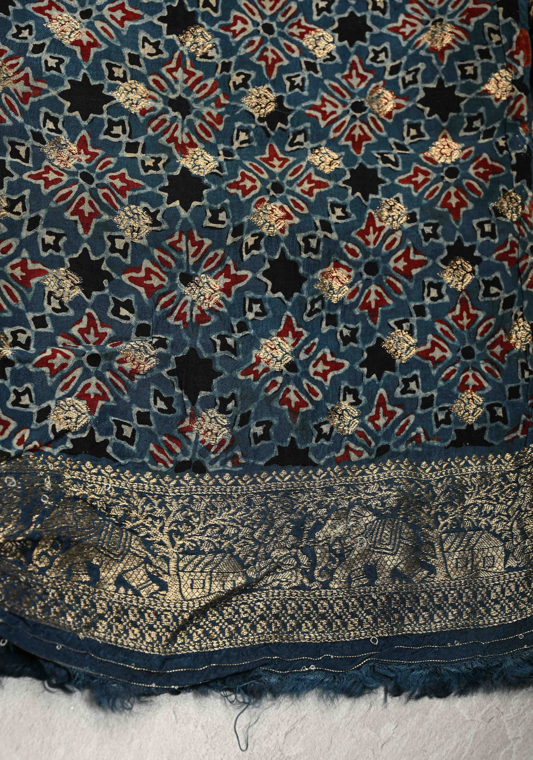 Indigo Ajrakh Hand Block Print on Dola Silk Saree with Fancy Zari Border