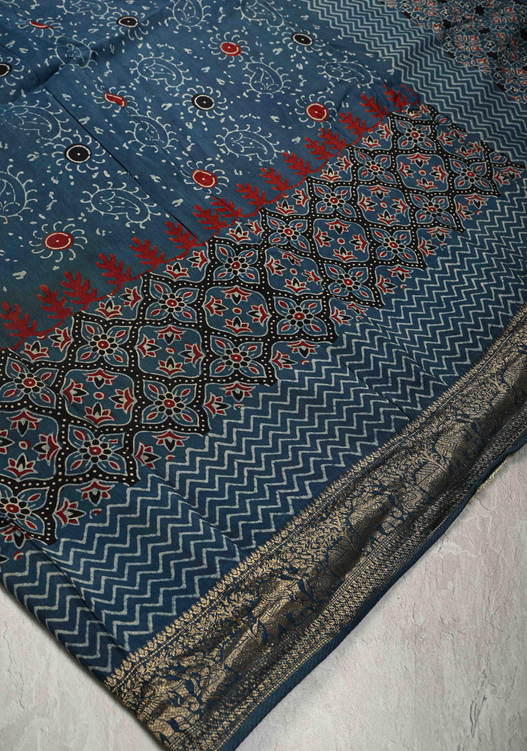 Indigo Ajrakh Hand Block Print on Dola Silk Saree with Fancy Zari Border