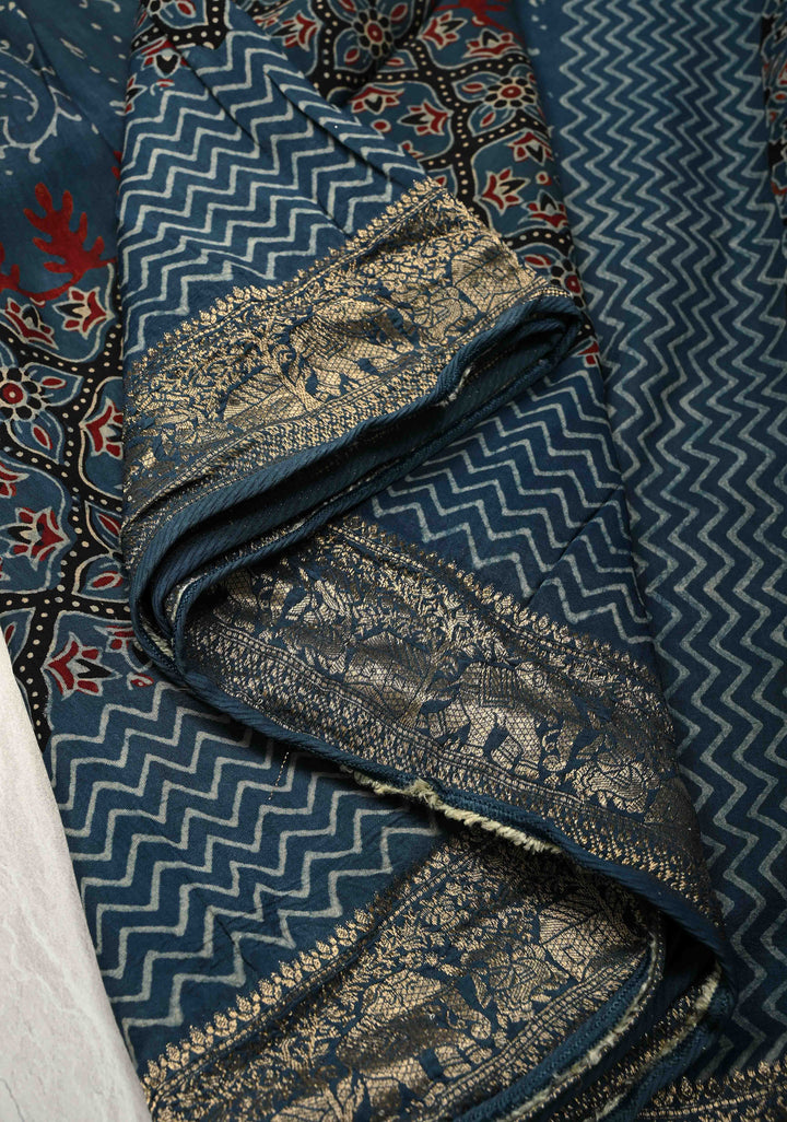 Indigo Ajrakh Hand Block Print on Dola Silk Saree with Fancy Zari Border
