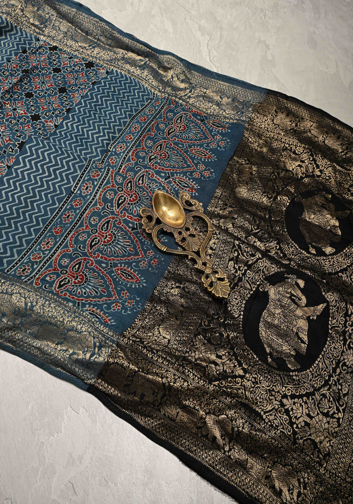 Indigo Ajrakh Hand Block Print on Dola Silk Saree with Fancy Zari Border