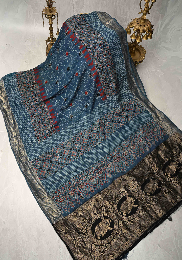 Indigo Ajrakh Hand Block Print on Dola Silk Saree with Fancy Zari Border