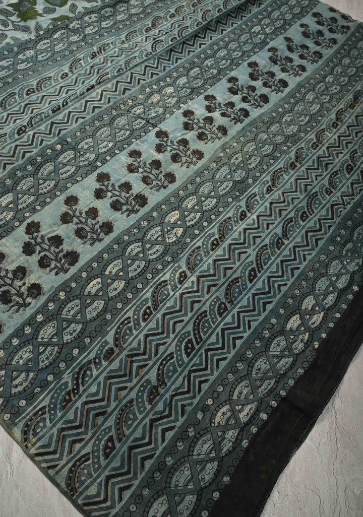 Dusty Blue Mul Cotton Saree with Bagru Print
