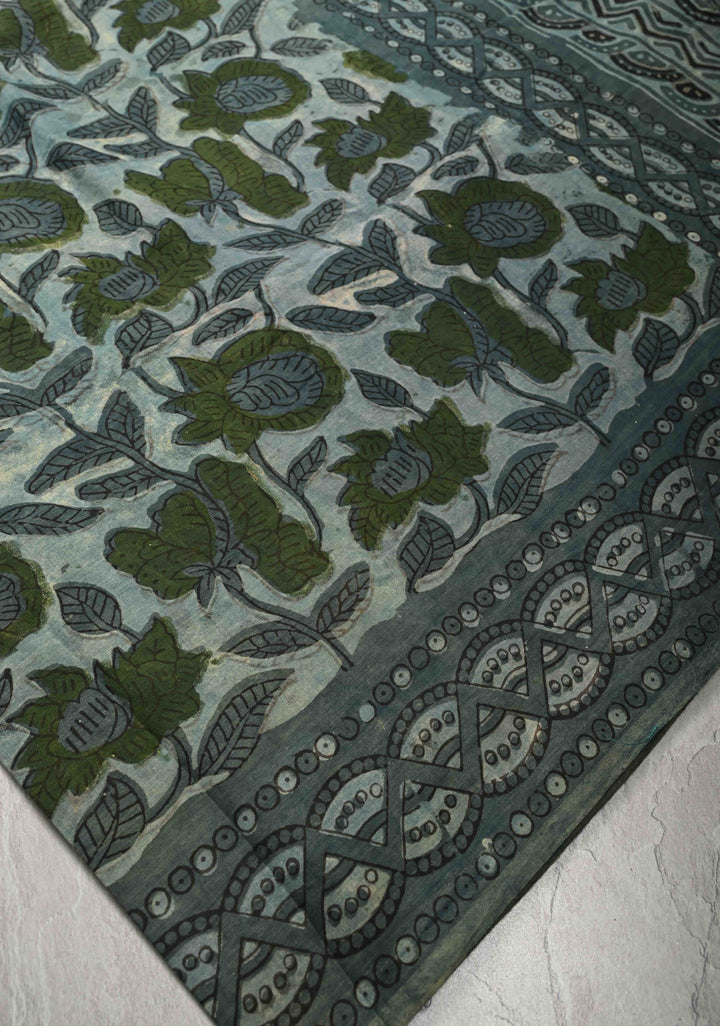Dusty Blue Mul Cotton Saree with Bagru Print