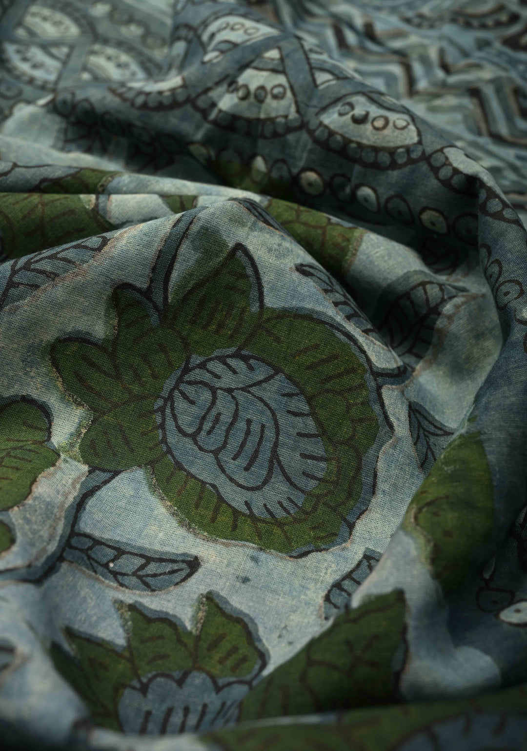 Dusty Blue Mul Cotton Saree with Bagru Print