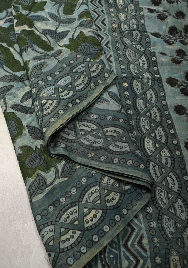 Dusty Blue Mul Cotton Saree with Bagru Print