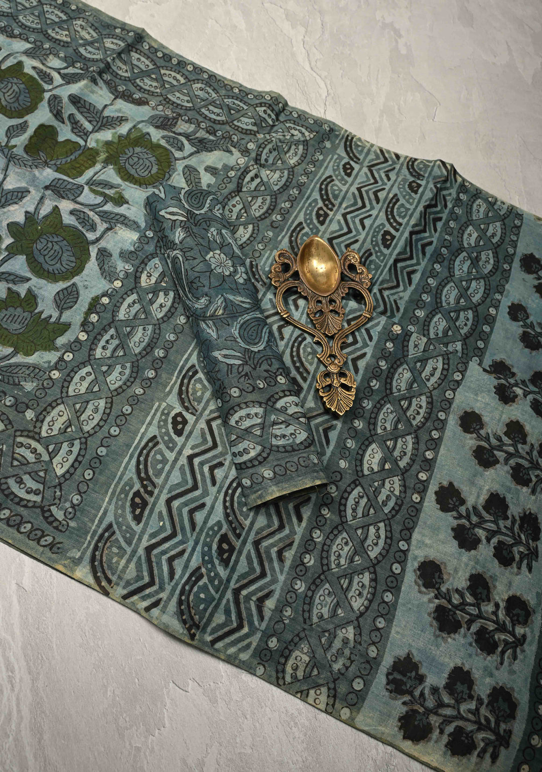 Dusty Blue Mul Cotton Saree with Bagru Print