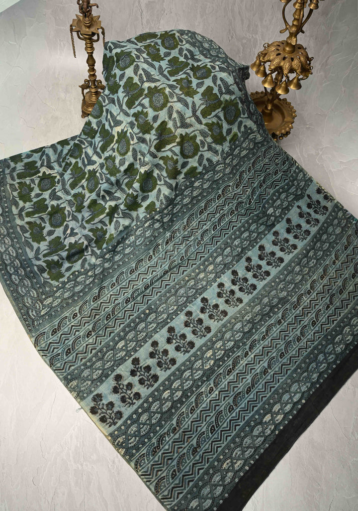 Dusty Blue Mul Cotton Saree with Bagru Print