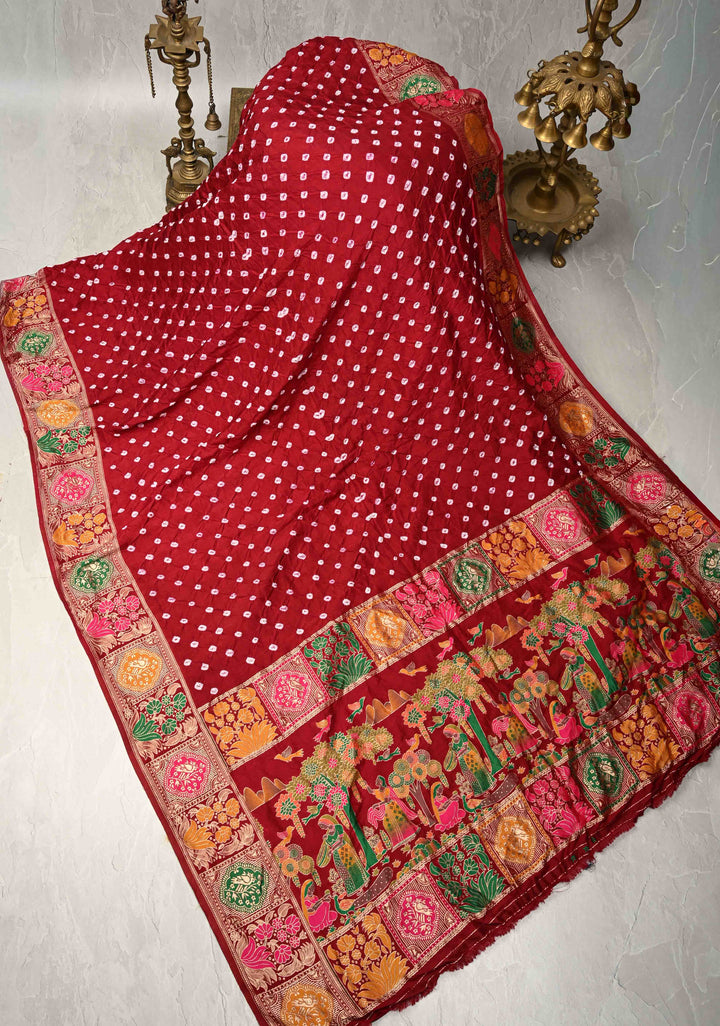 Maroon Crushed Bandhini on Art Silk Saree with Meenakari Zari Border and Village Theme Pallu