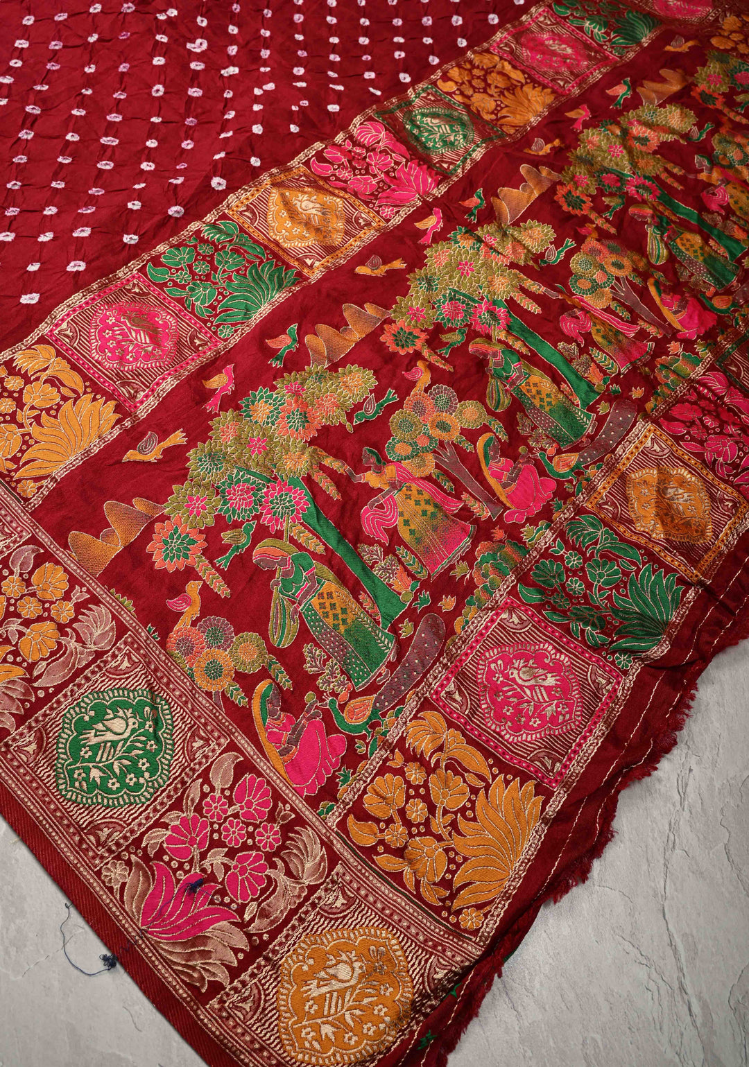 Maroon Crushed Bandhini on Art Silk Saree with Meenakari Zari Border and Village Theme Pallu