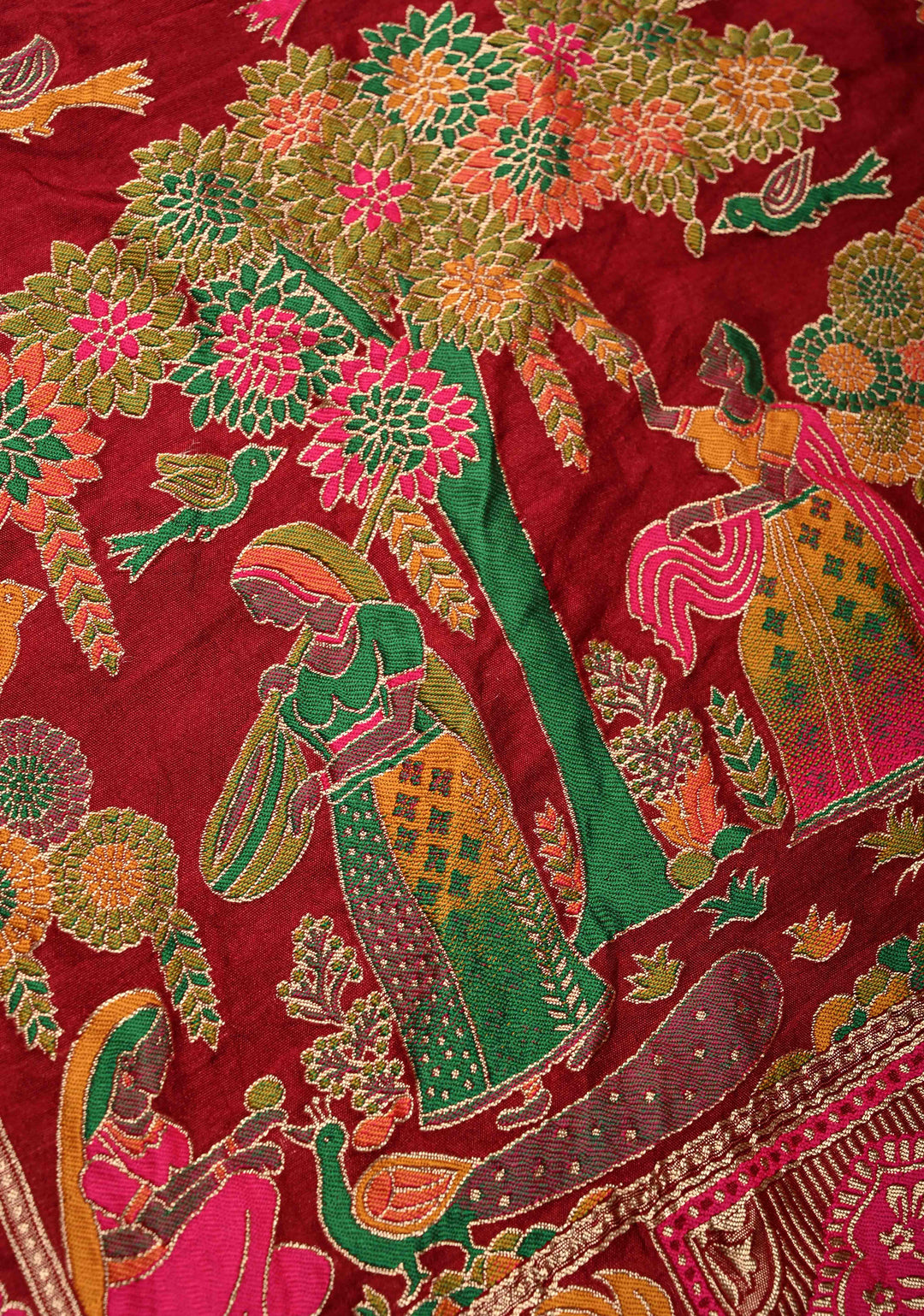 Maroon Crushed Bandhini on Art Silk Saree with Meenakari Zari Border and Village Theme Pallu