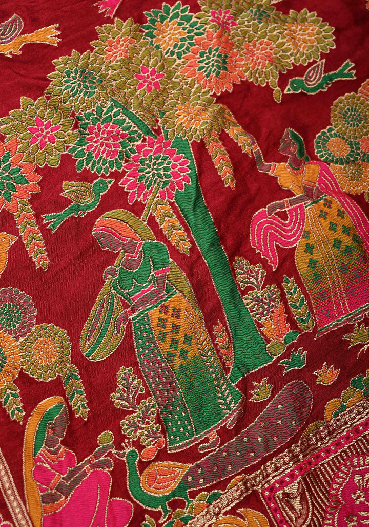 Maroon Crushed Bandhini on Art Silk Saree with Meenakari Zari Border and Village Theme Pallu