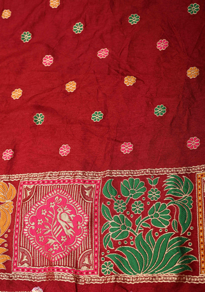 Maroon Crushed Bandhini on Art Silk Saree with Meenakari Zari Border and Village Theme Pallu