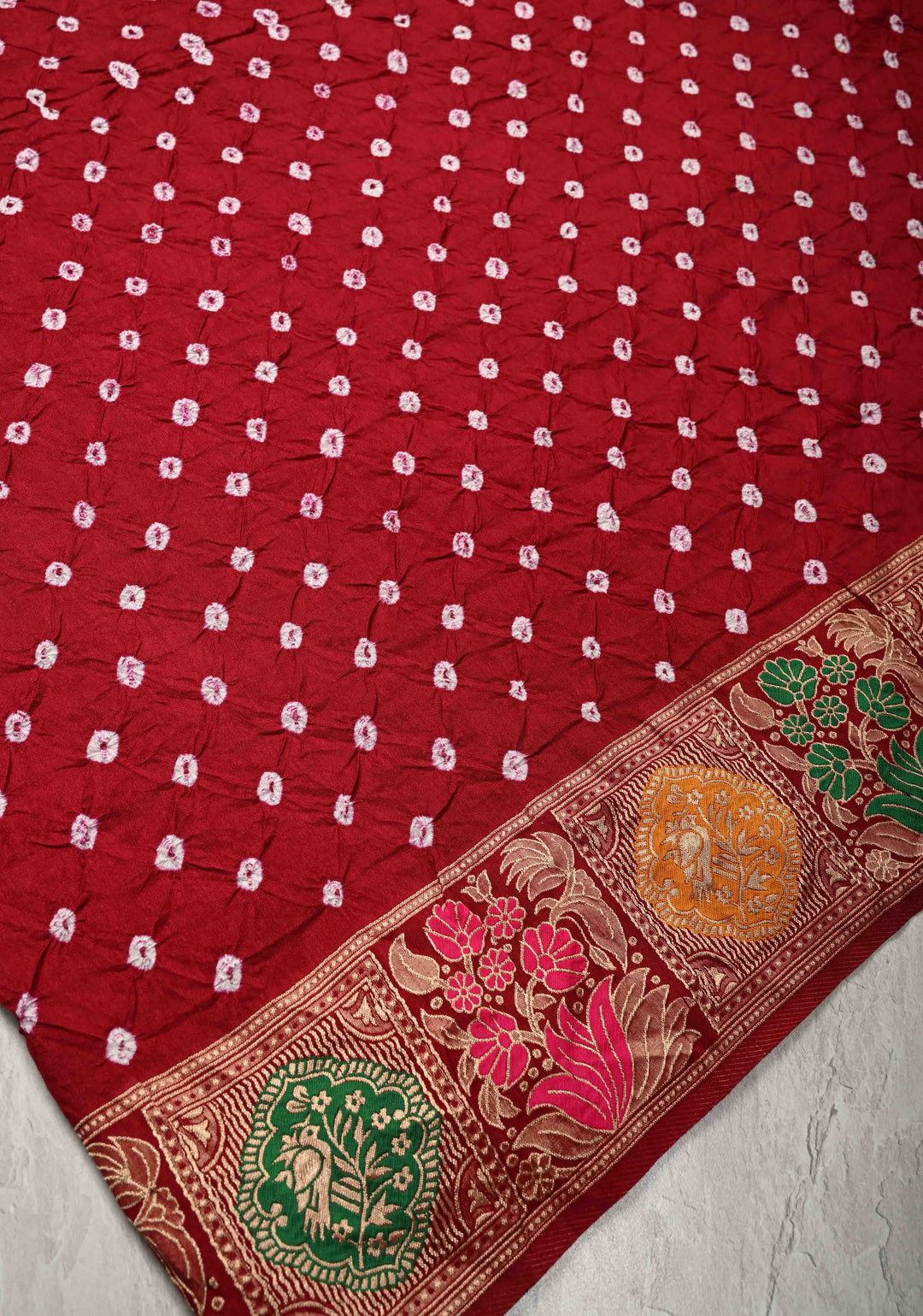 Maroon Crushed Bandhini on Art Silk Saree with Meenakari Zari Border and Village Theme Pallu