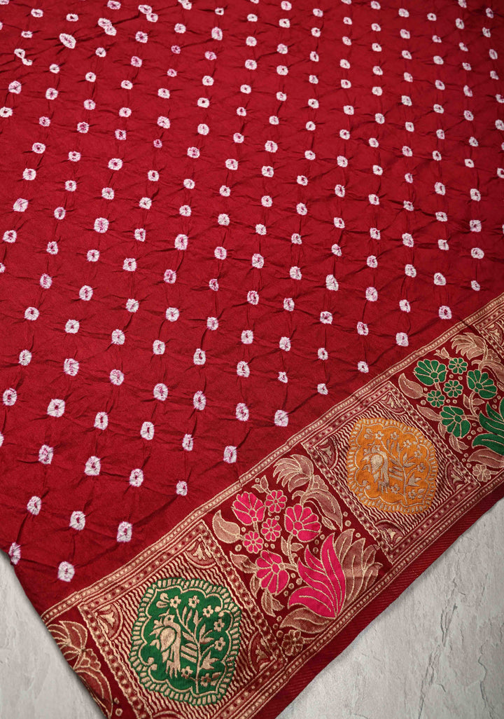 Maroon Crushed Bandhini on Art Silk Saree with Meenakari Zari Border and Village Theme Pallu