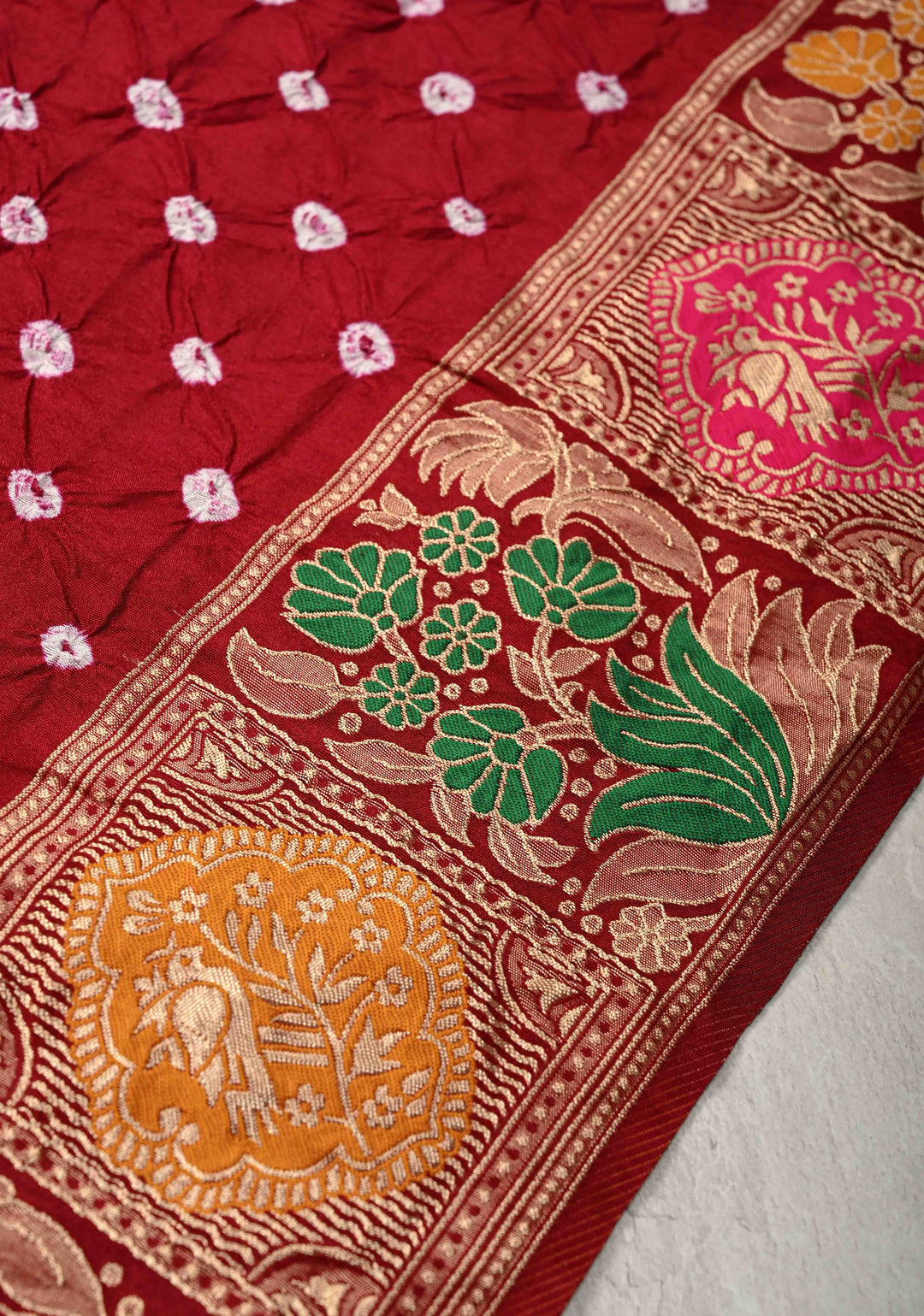 Maroon Crushed Bandhini on Art Silk Saree with Meenakari Zari Border and Village Theme Pallu