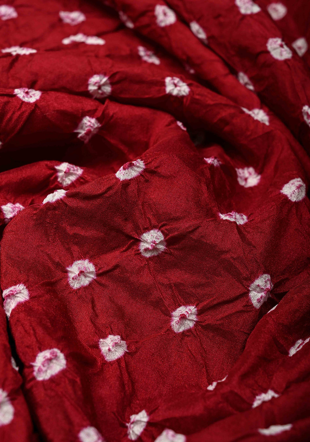 Maroon Crushed Bandhini on Art Silk Saree with Meenakari Zari Border and Village Theme Pallu