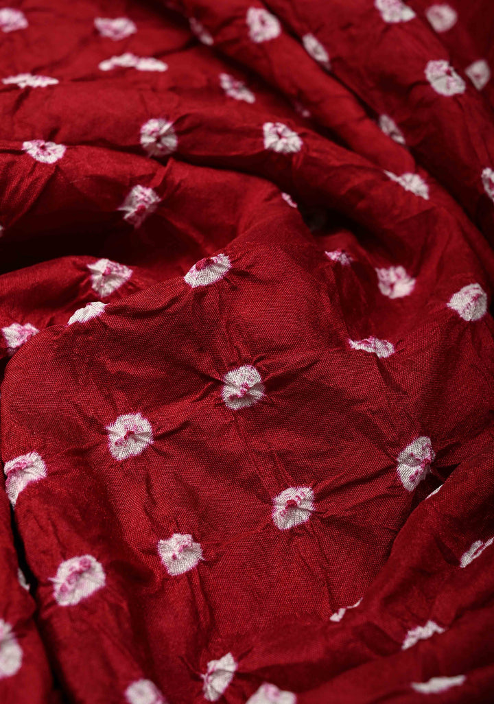 Maroon Crushed Bandhini on Art Silk Saree with Meenakari Zari Border and Village Theme Pallu