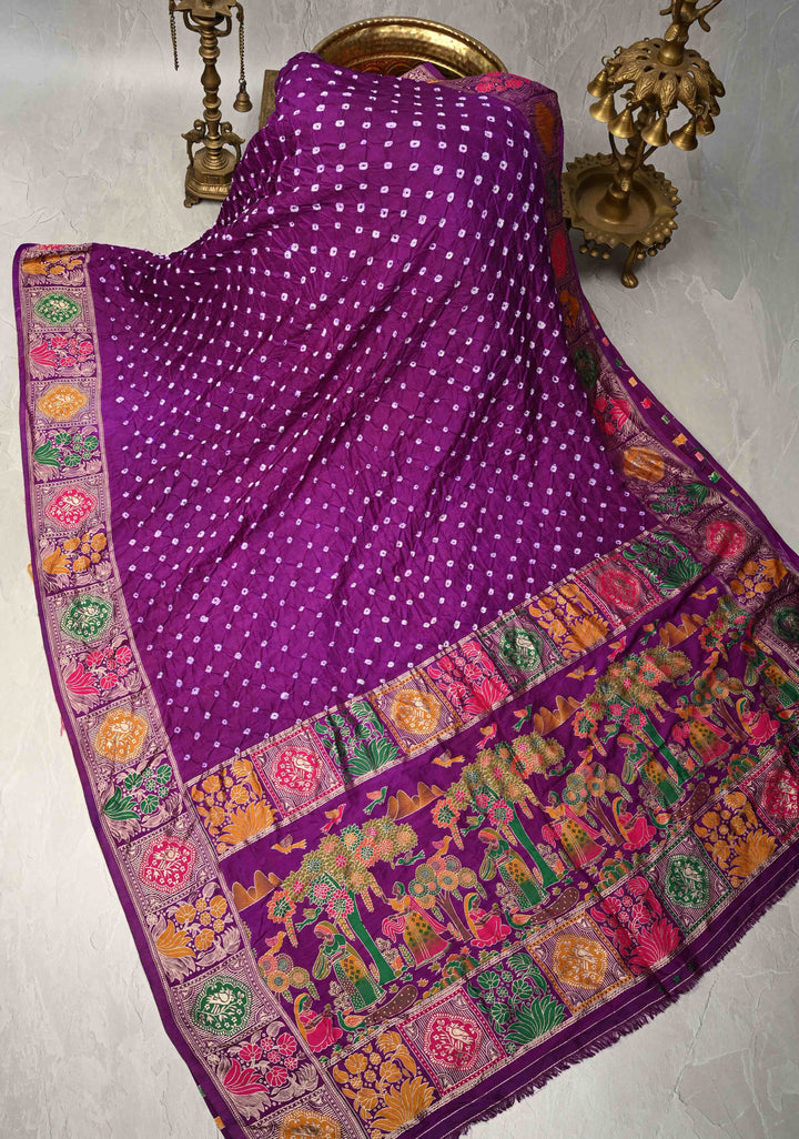 Dark Purple Crushed  Bandhani on Art Silk Saree with Meenakari Floral Zari Border and pallu