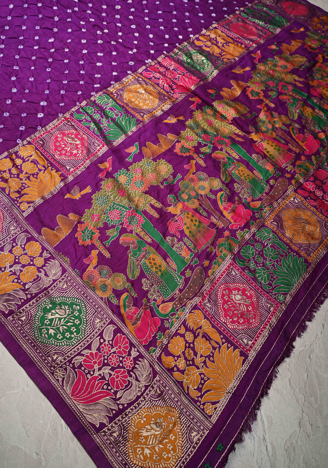 Dark Purple Crushed  Bandhani on Art Silk Saree with Meenakari Floral Zari Border and pallu