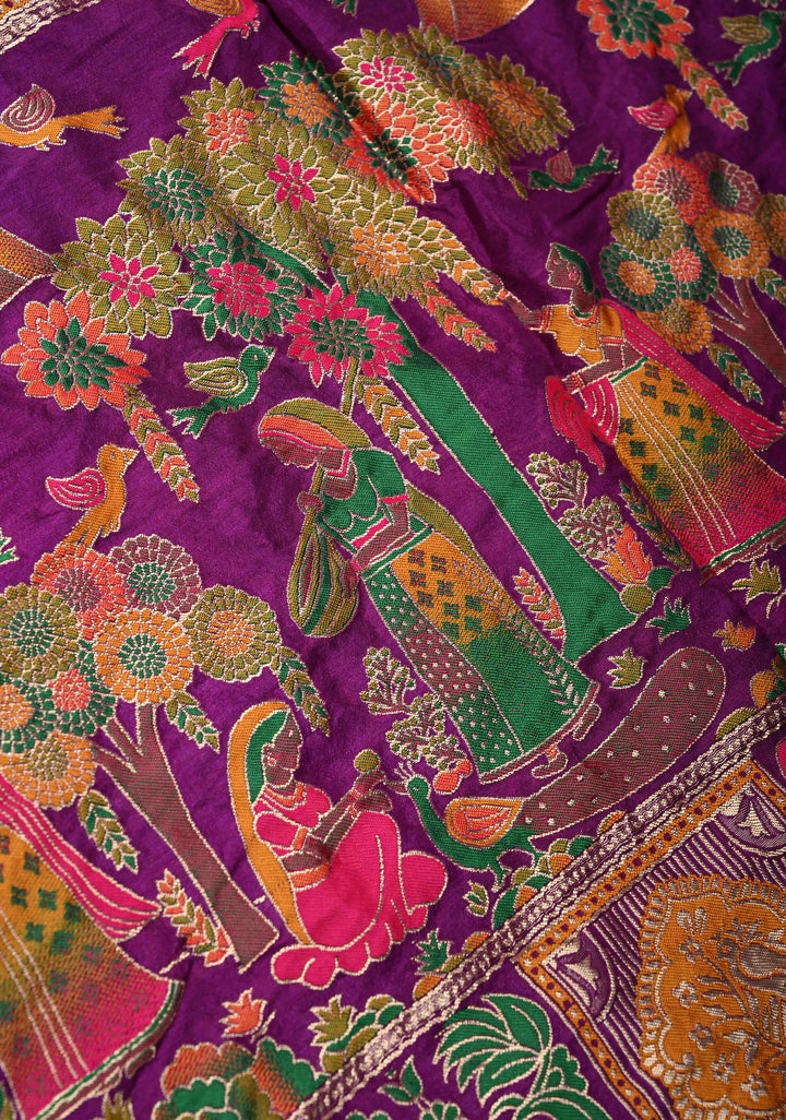 Dark Purple Crushed  Bandhani on Art Silk Saree with Meenakari Floral Zari Border and pallu