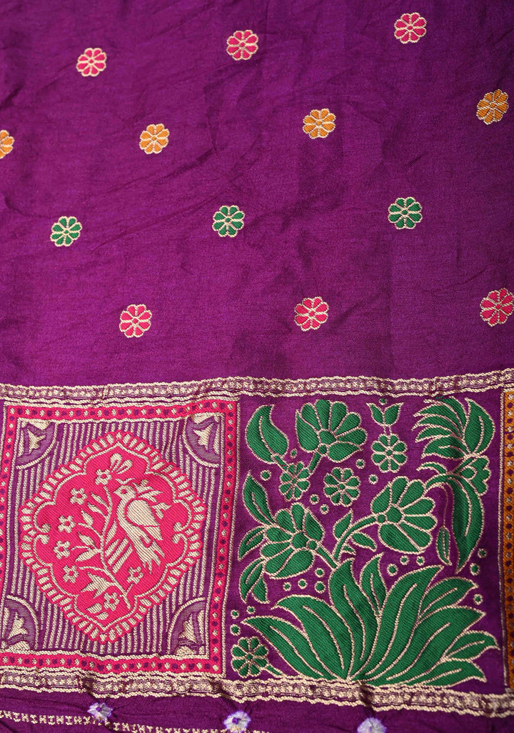 Dark Purple Crushed  Bandhani on Art Silk Saree with Meenakari Floral Zari Border and pallu