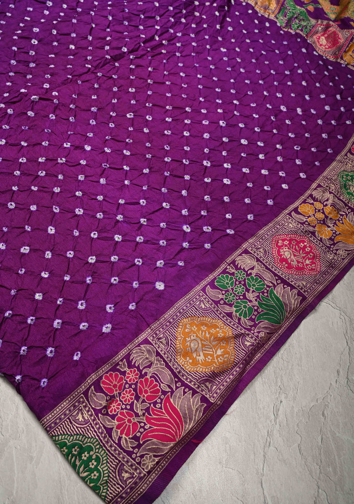 Dark Purple Crushed  Bandhani on Art Silk Saree with Meenakari Floral Zari Border and pallu