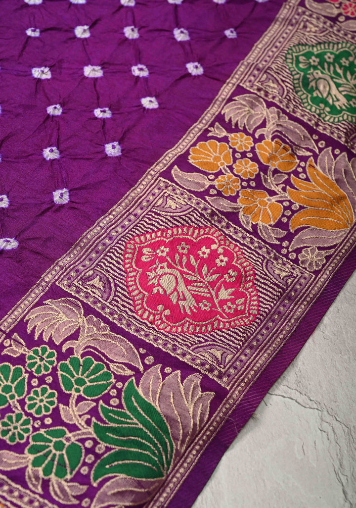 Dark Purple Crushed  Bandhani on Art Silk Saree with Meenakari Floral Zari Border and pallu