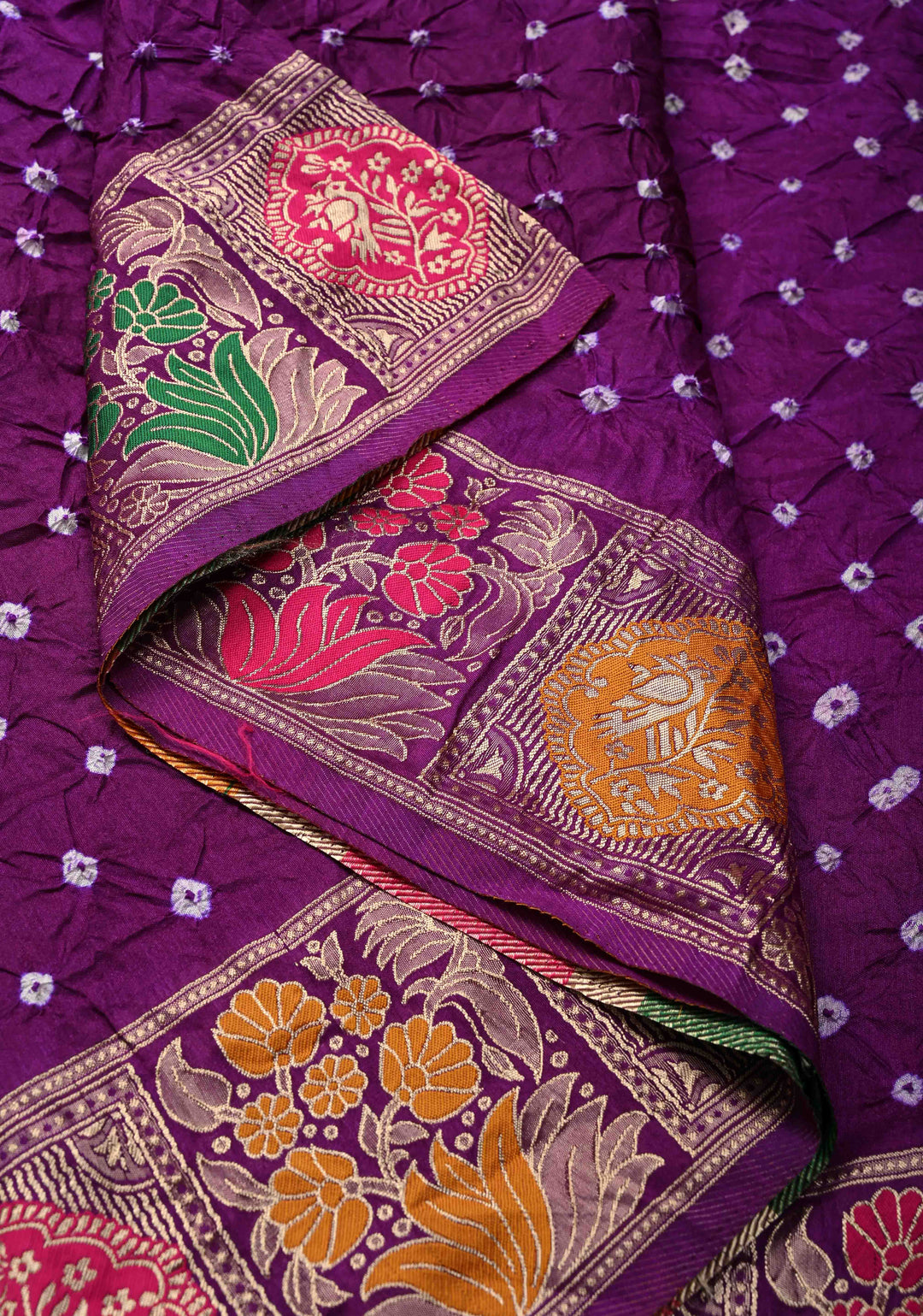 Dark Purple Crushed  Bandhani on Art Silk Saree with Meenakari Floral Zari Border and pallu