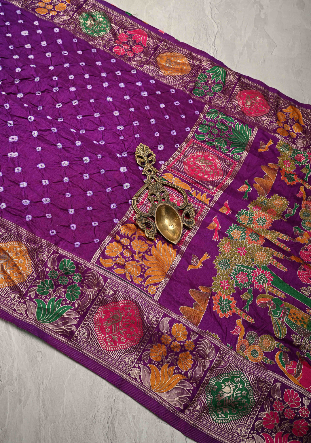 Dark Purple Crushed  Bandhani on Art Silk Saree with Meenakari Floral Zari Border and pallu