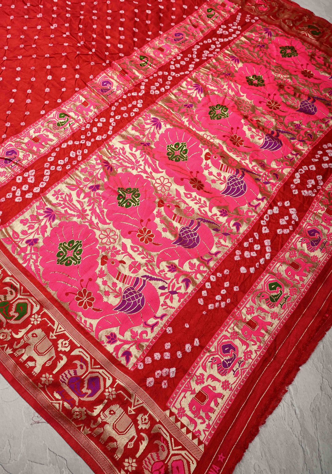 Deep Red Crushed  Bandhani on Art Silk Saree with Meenakari Floral Zari Border and pallu