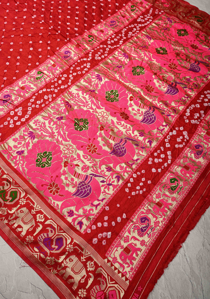 Deep Red Crushed  Bandhani on Art Silk Saree with Meenakari Floral Zari Border and pallu
